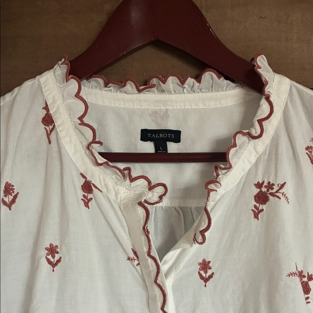 Talbots White Blouse with Rust Floral Embroidery and Scalloped Trim - Picture 3 of 6